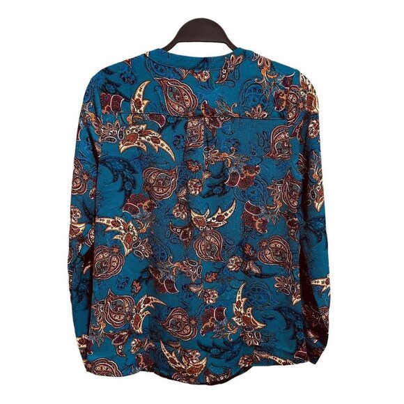NY‎ Collection Top Size S Teal Printed Half Zip Utility Classic Blouse NWT - Picture 2 of 7